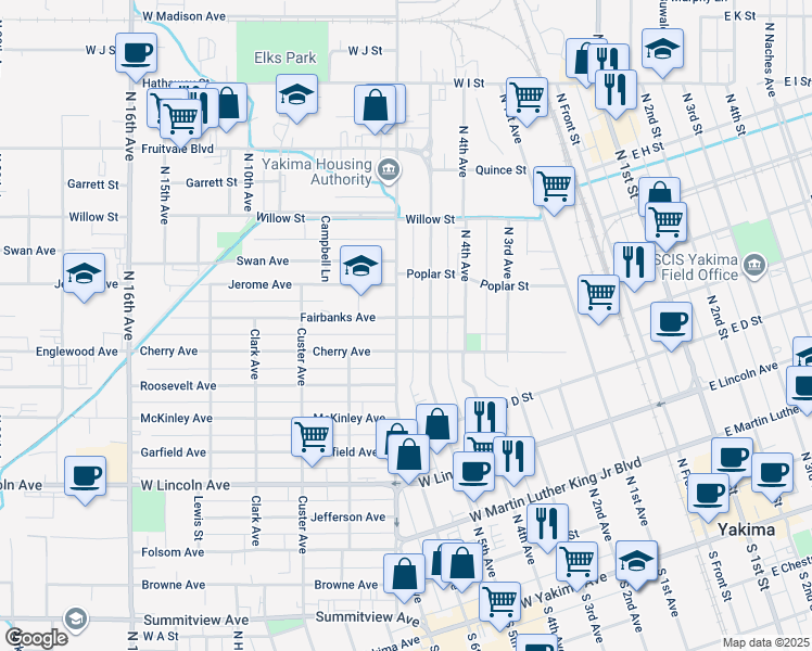map of restaurants, bars, coffee shops, grocery stores, and more near 616 North 5th Avenue in Yakima