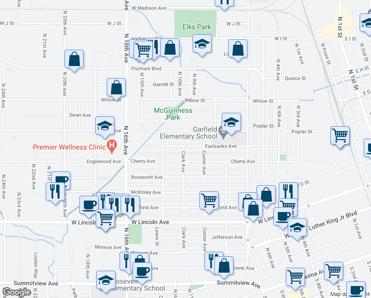 map of restaurants, bars, coffee shops, grocery stores, and more near 1318 Fairbanks Avenue in Yakima