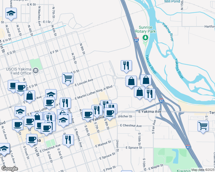 map of restaurants, bars, coffee shops, grocery stores, and more near 205 North 9th Street in Yakima