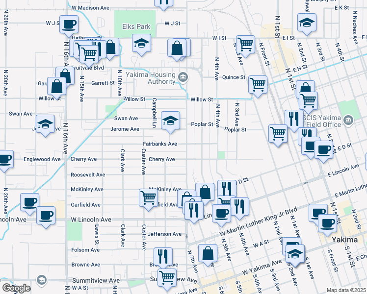 map of restaurants, bars, coffee shops, grocery stores, and more near 1110 Fairbanks Avenue in Yakima