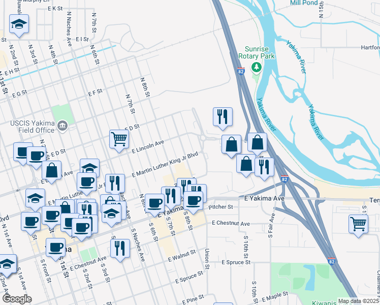 map of restaurants, bars, coffee shops, grocery stores, and more near 203 North 9th Street in Yakima