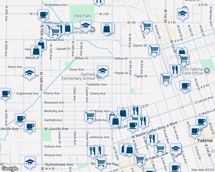 map of restaurants, bars, coffee shops, grocery stores, and more near 1110 Fairbanks Avenue in Yakima