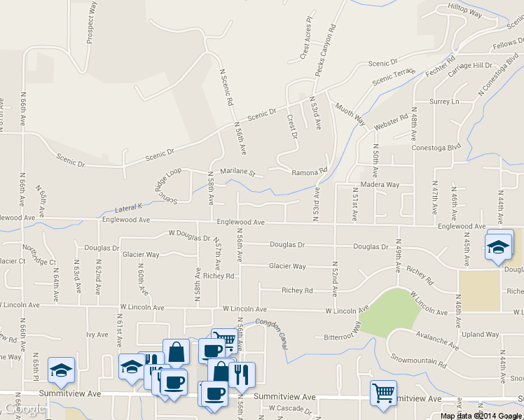 map of restaurants, bars, coffee shops, grocery stores, and more near 5510 Englewood Hill Dr in Yakima