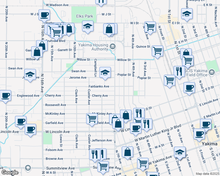 map of restaurants, bars, coffee shops, grocery stores, and more near 1110 Fairbanks Avenue in Yakima