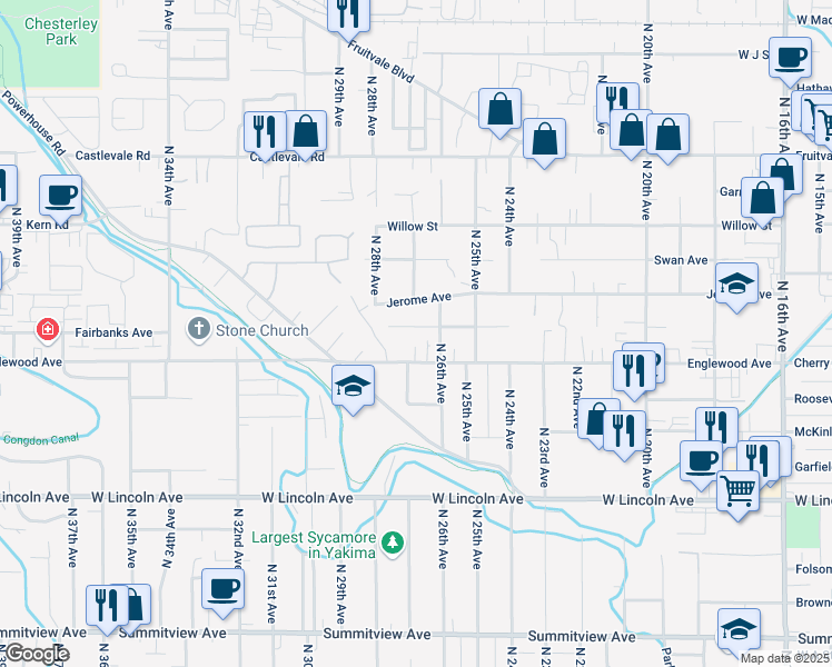map of restaurants, bars, coffee shops, grocery stores, and more near 2608 Fairbanks Avenue in Yakima
