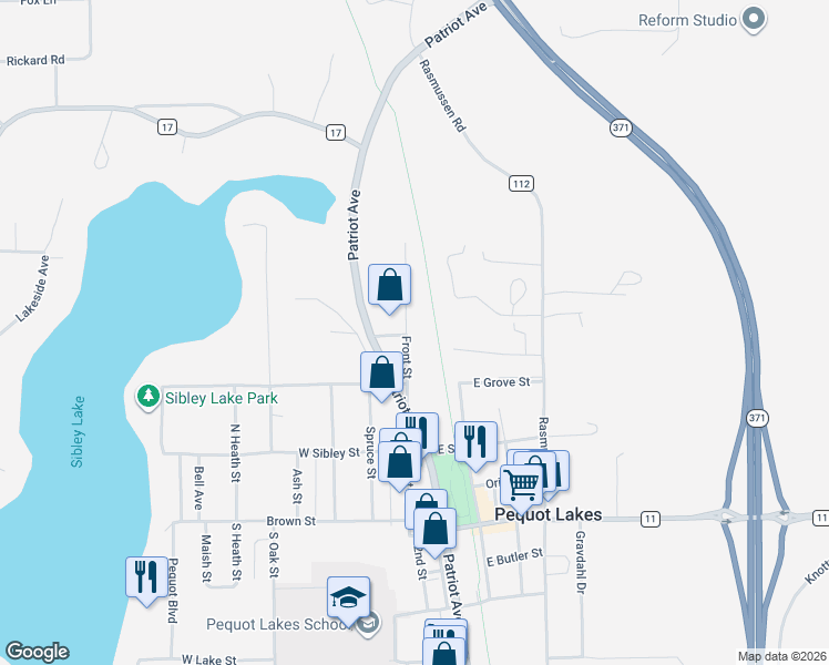 map of restaurants, bars, coffee shops, grocery stores, and more near 5879 13th Avenue Southwest in Pequot Lakes