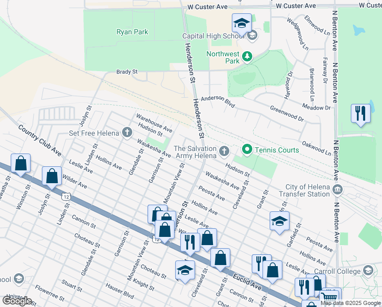 map of restaurants, bars, coffee shops, grocery stores, and more near 1400 Broadwater Circle in Helena
