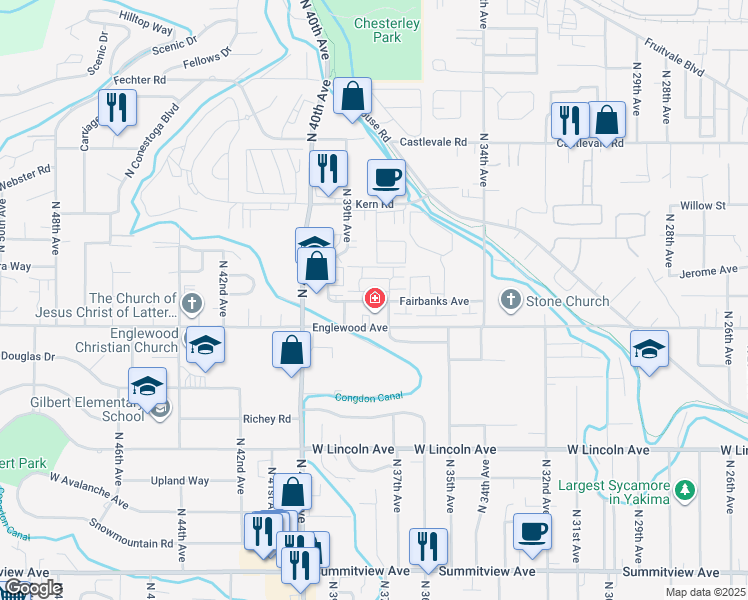 map of restaurants, bars, coffee shops, grocery stores, and more near 3707 Fairbanks Avenue in Yakima