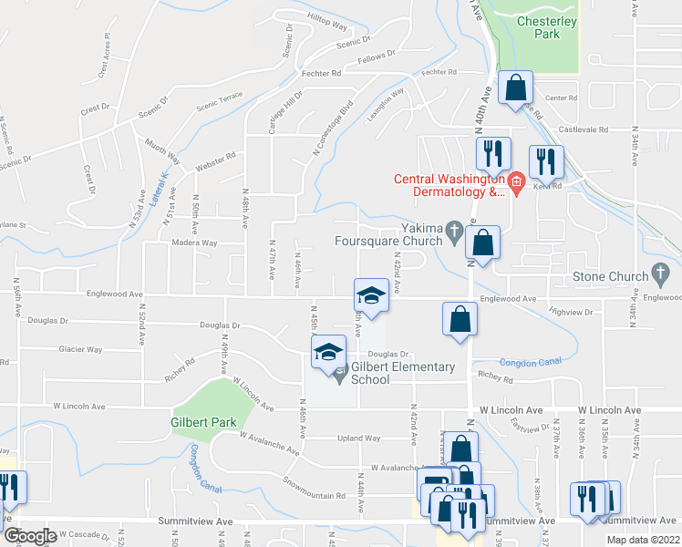 map of restaurants, bars, coffee shops, grocery stores, and more near 611 Bellevue Place in Yakima