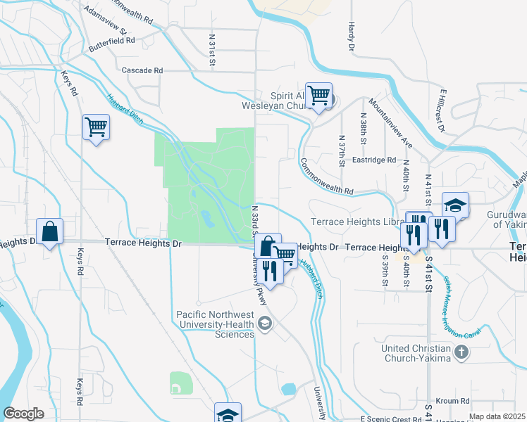 map of restaurants, bars, coffee shops, grocery stores, and more near 207 North 33rd Street in Yakima