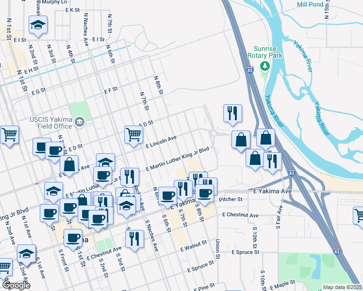map of restaurants, bars, coffee shops, grocery stores, and more near 209 North 8th Street in Yakima