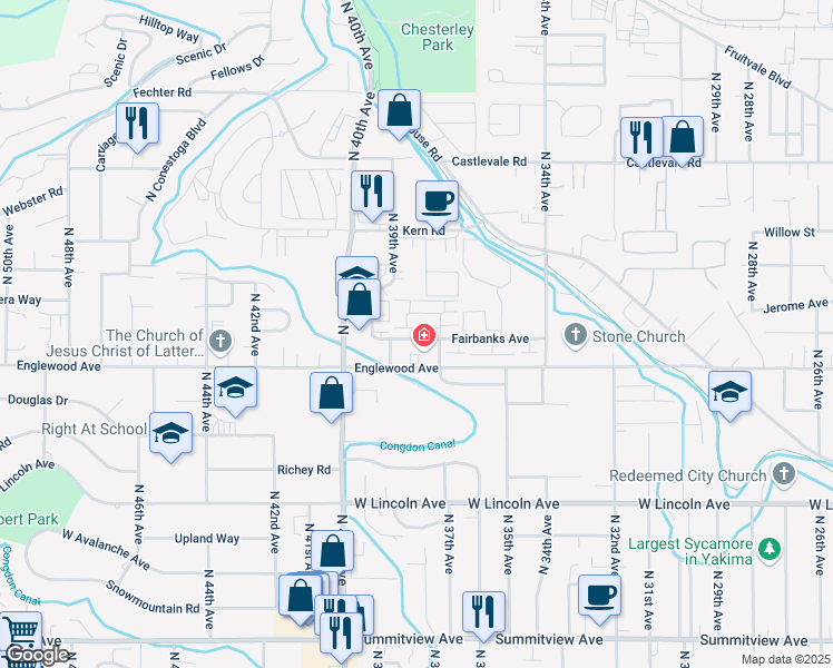 map of restaurants, bars, coffee shops, grocery stores, and more near 3707 Fairbanks Avenue in Yakima