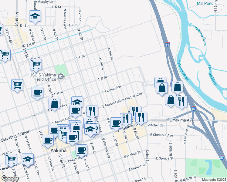 map of restaurants, bars, coffee shops, grocery stores, and more near 215 North 7th Street in Yakima