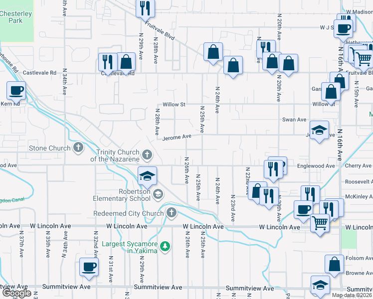 map of restaurants, bars, coffee shops, grocery stores, and more near 617 North 26th Avenue in Yakima