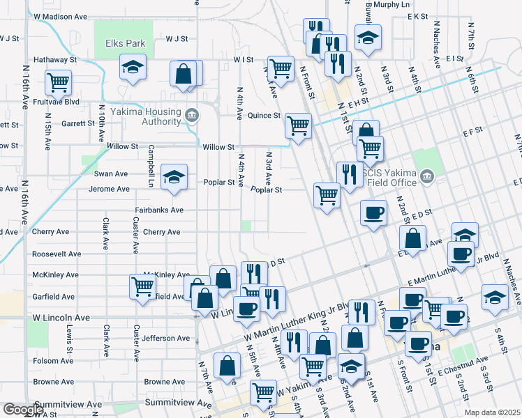 map of restaurants, bars, coffee shops, grocery stores, and more near 614 North 3rd Avenue in Yakima