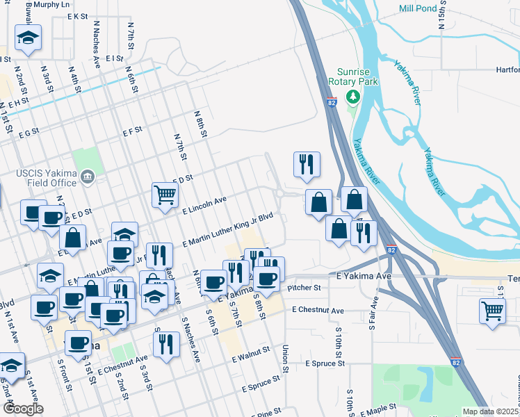 map of restaurants, bars, coffee shops, grocery stores, and more near 205 North 9th Street in Yakima