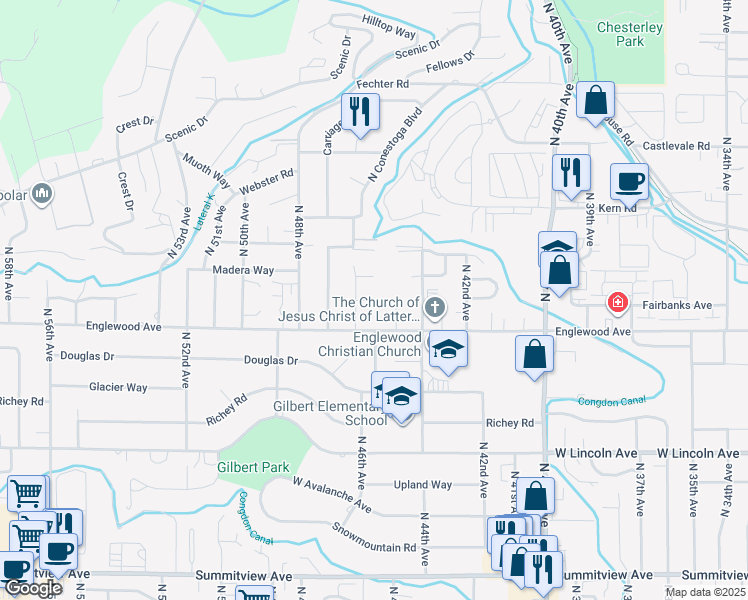 map of restaurants, bars, coffee shops, grocery stores, and more near 4502 Kimberly Place in Yakima