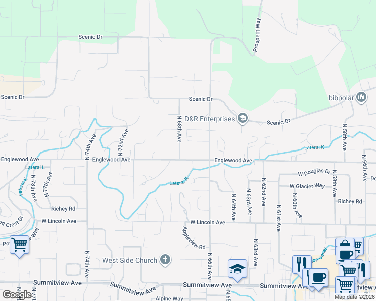 map of restaurants, bars, coffee shops, grocery stores, and more near 6711 Englewood Avenue in Yakima