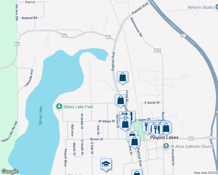 map of restaurants, bars, coffee shops, grocery stores, and more near 31346 Brunes Street in Pequot Lakes