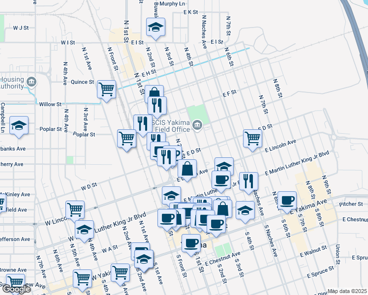 map of restaurants, bars, coffee shops, grocery stores, and more near 401 North 2nd Street in Yakima