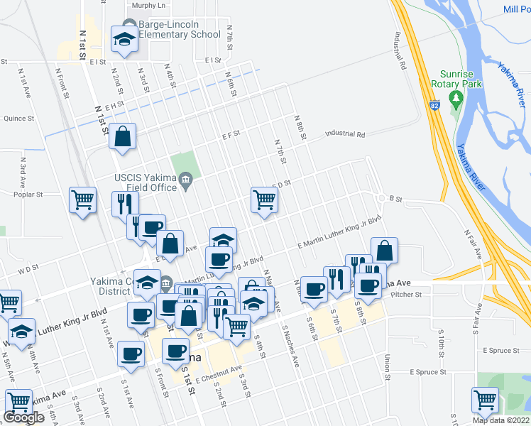map of restaurants, bars, coffee shops, grocery stores, and more near 306 North 6th Street in Yakima