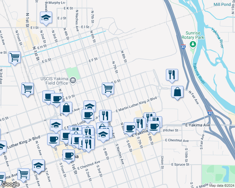 map of restaurants, bars, coffee shops, grocery stores, and more near 601 East Lincoln Avenue in Yakima