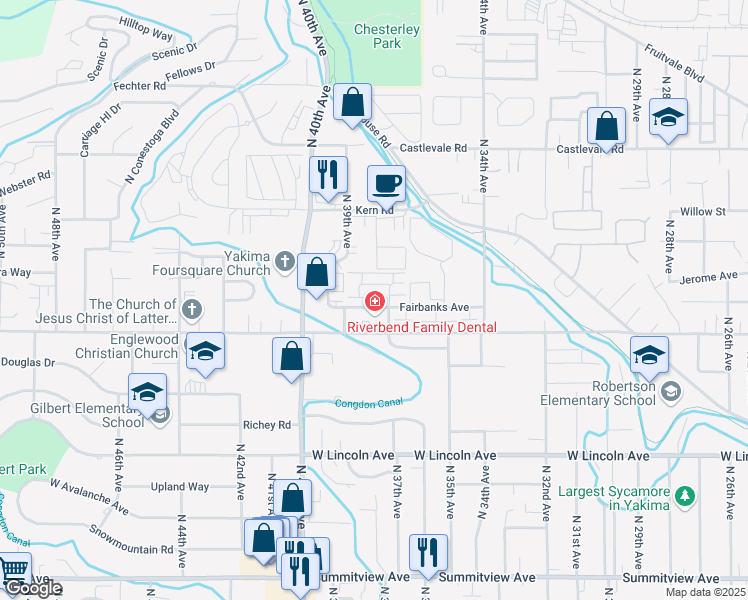 map of restaurants, bars, coffee shops, grocery stores, and more near 3707 Fairbanks Avenue in Yakima