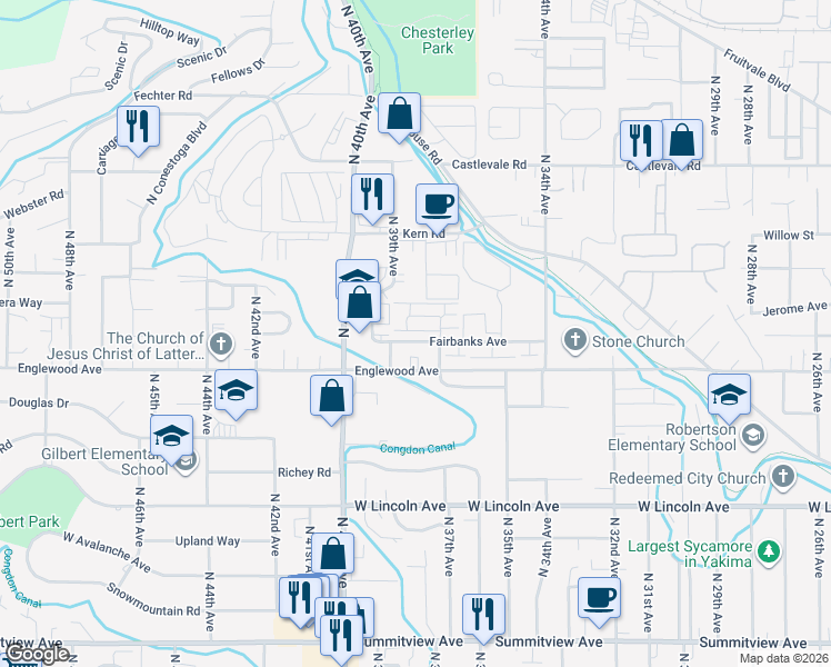 map of restaurants, bars, coffee shops, grocery stores, and more near 3707 Fairbanks Avenue in Yakima