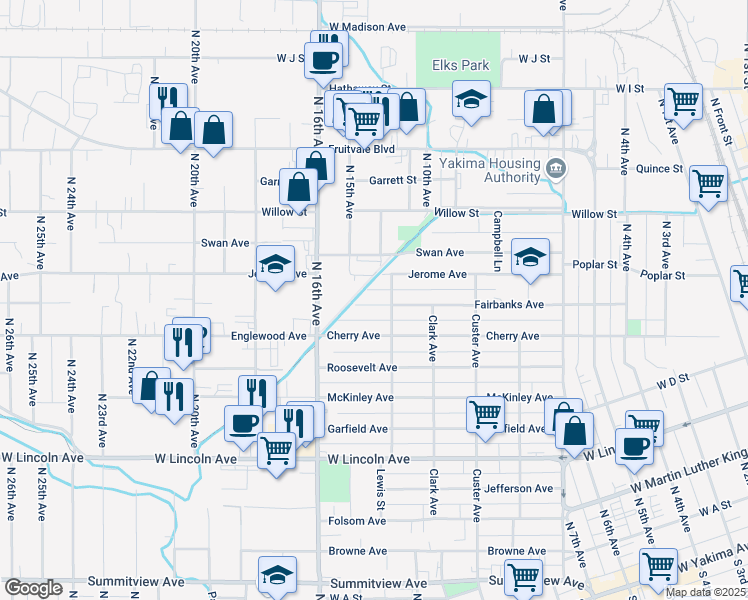 map of restaurants, bars, coffee shops, grocery stores, and more near 1509 Fairbanks Avenue in Yakima