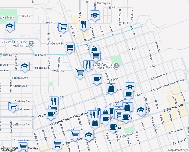 map of restaurants, bars, coffee shops, grocery stores, and more near 2-98 East E Street in Yakima