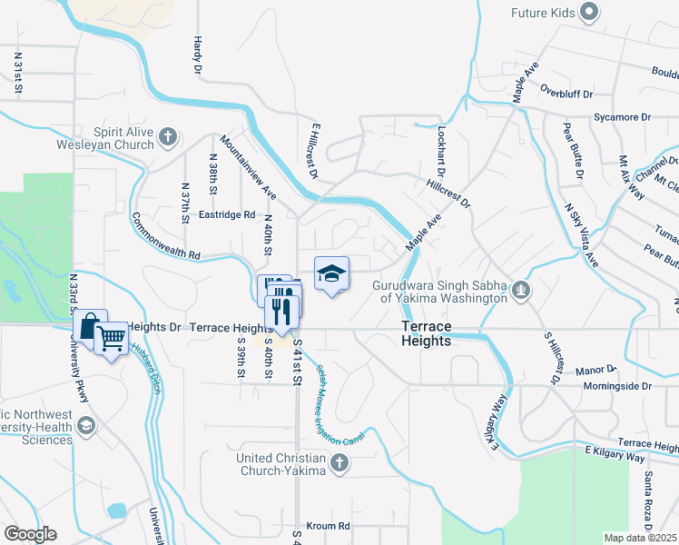 map of restaurants, bars, coffee shops, grocery stores, and more near 4201 Maple Avenue in Yakima
