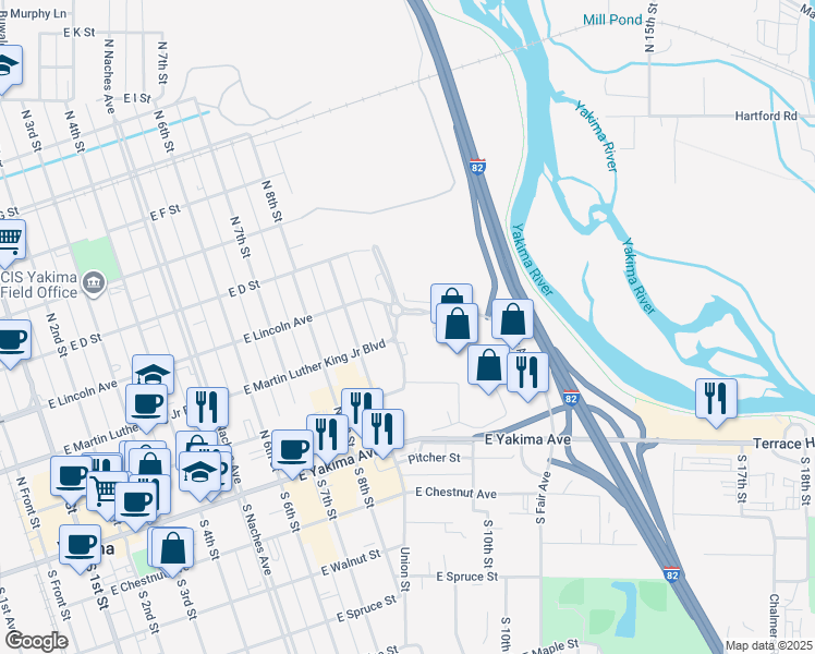 map of restaurants, bars, coffee shops, grocery stores, and more near 201 North 10th Street in Yakima