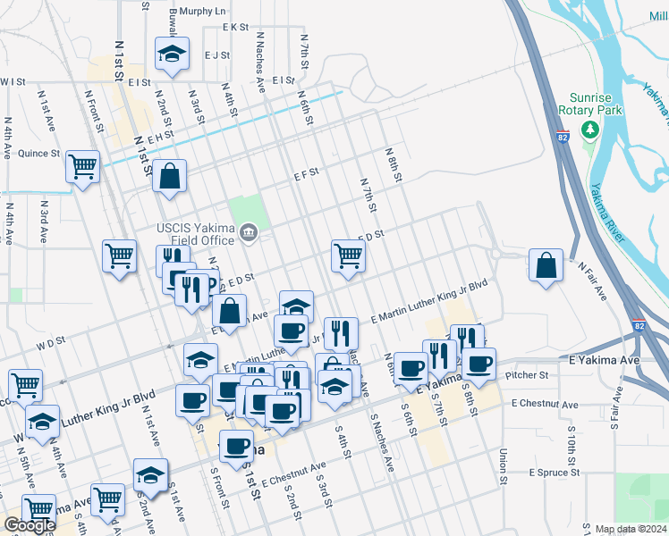 map of restaurants, bars, coffee shops, grocery stores, and more near 306 North 6th Street in Yakima