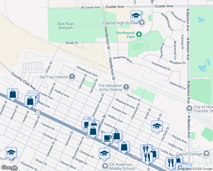 map of restaurants, bars, coffee shops, grocery stores, and more near 1427 Broadwater Circle in Helena
