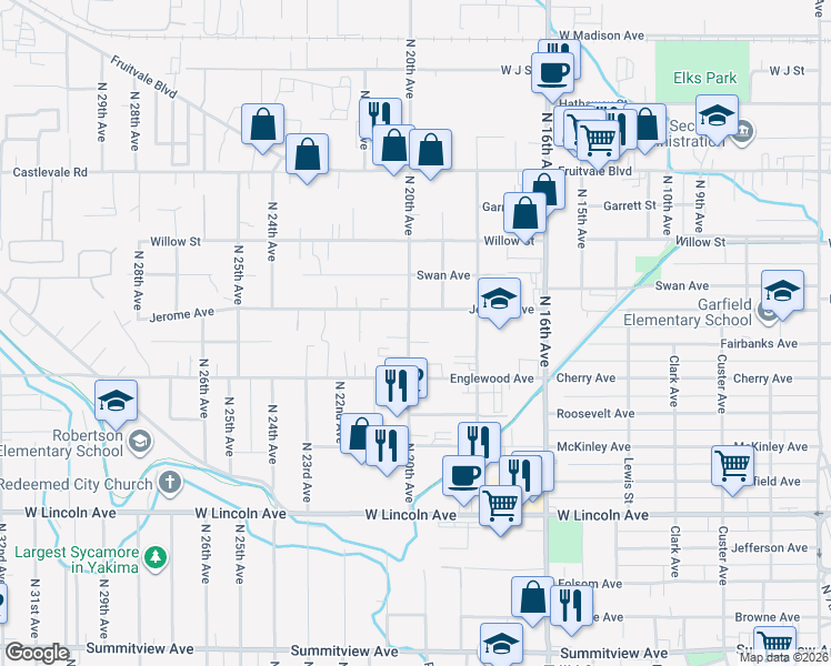 map of restaurants, bars, coffee shops, grocery stores, and more near 615 N 20th Ave in Yakima