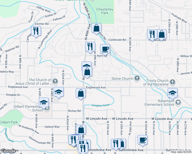 map of restaurants, bars, coffee shops, grocery stores, and more near 3707 Fairbanks Avenue in Yakima