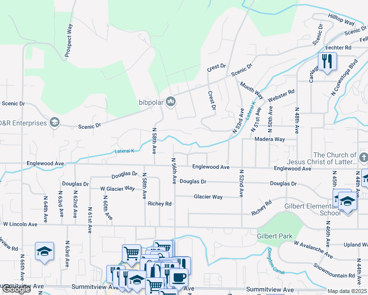 map of restaurants, bars, coffee shops, grocery stores, and more near 5510 Englewood Hill Dr in Yakima
