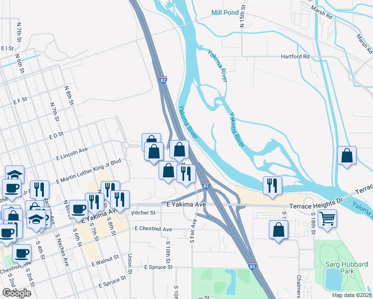 map of restaurants, bars, coffee shops, grocery stores, and more near U.S. 97 in Yakima