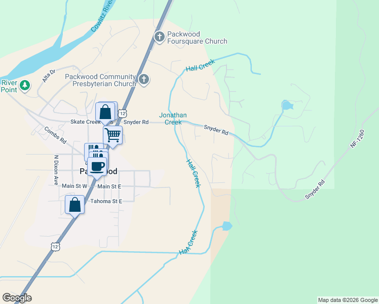 map of restaurants, bars, coffee shops, grocery stores, and more near 121 Powerhouse Road in Packwood
