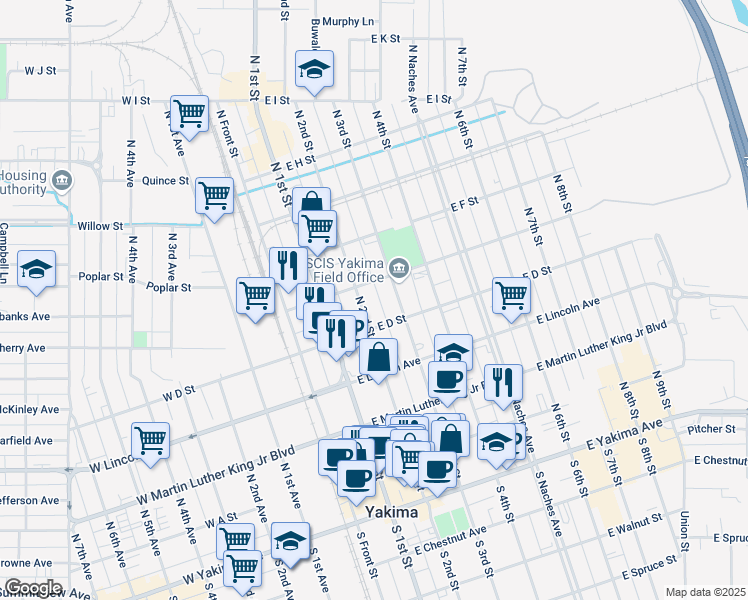map of restaurants, bars, coffee shops, grocery stores, and more near 401 North 2nd Street in Yakima