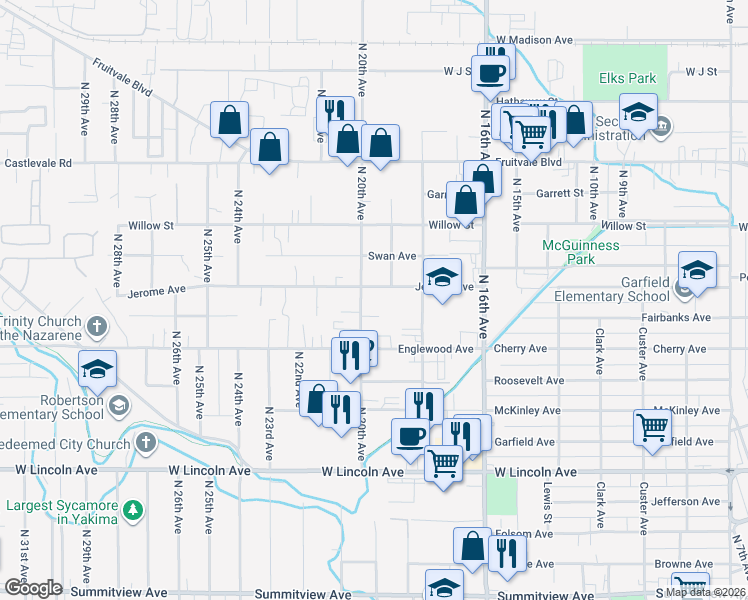 map of restaurants, bars, coffee shops, grocery stores, and more near 615 N 20th Ave in Yakima