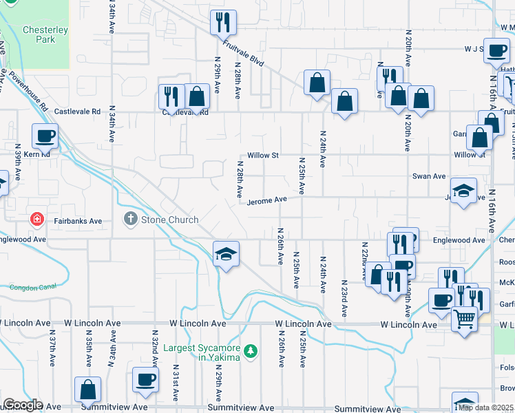 map of restaurants, bars, coffee shops, grocery stores, and more near 2600-2608 Fairbanks Avenue in Yakima