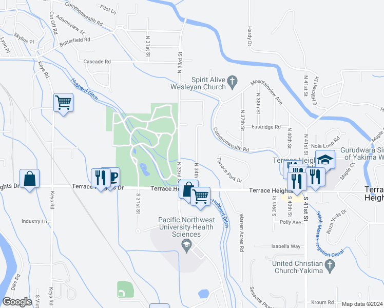 map of restaurants, bars, coffee shops, grocery stores, and more near 207 North 33rd Street in Yakima