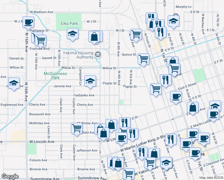 map of restaurants, bars, coffee shops, grocery stores, and more near 614 North 4th Avenue in Yakima