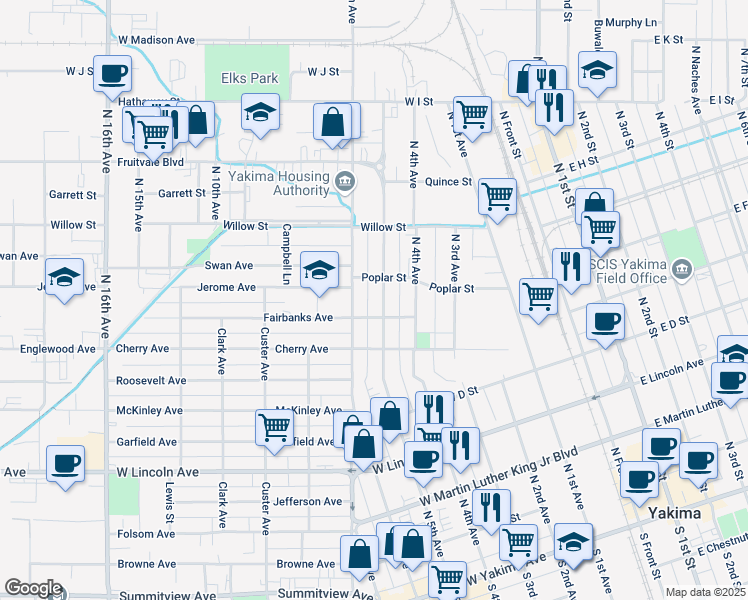 map of restaurants, bars, coffee shops, grocery stores, and more near 616 North 5th Avenue in Yakima