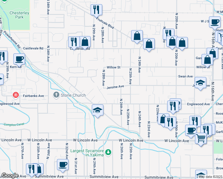 map of restaurants, bars, coffee shops, grocery stores, and more near 2600-2608 Fairbanks Avenue in Yakima