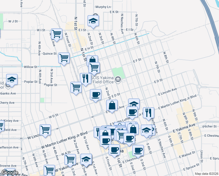 map of restaurants, bars, coffee shops, grocery stores, and more near 413 North 2nd Street in Yakima