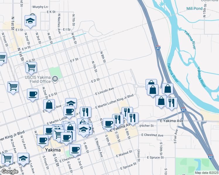 map of restaurants, bars, coffee shops, grocery stores, and more near 302 North 8th Street in Yakima