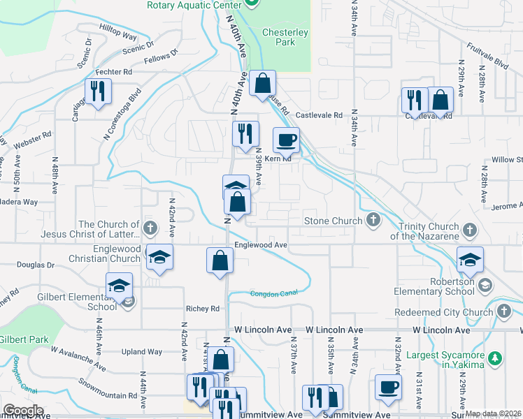 map of restaurants, bars, coffee shops, grocery stores, and more near 3707 Fairbanks Avenue in Yakima