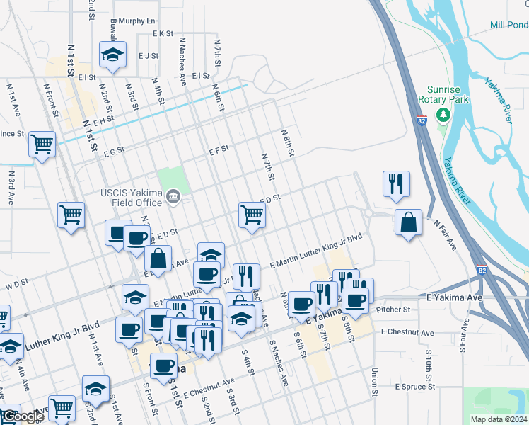 map of restaurants, bars, coffee shops, grocery stores, and more near 601 East Lincoln Avenue in Yakima